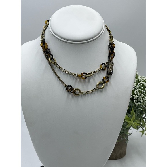 J. Crew‎ Tortoiseshell Links and Pave Barrel Beaded Long Necklace 30" - Picture 2 of 16